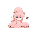  !? >_< 1girl blue_eyes blush bocchi_the_rock! chibi chibi_only clone commentary_request creature_on_head cube_hair_ornament gotoh_hitori gotoh_hitori_(octopus) gotoh_hitori_(tsuchinoko) hair_ornament jacket one_side_up pink_hair pink_jacket rebecca_(keinelove) simple_background sitting sweat white_background 