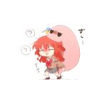  1girl ? blush bocchi_the_rock! bow bowtie brown_shirt brown_shoes carrying chibi chibi_only closed_eyes commentary_request gotoh_hitori gotoh_hitori_(tsuchinoko) grey_skirt kita_ikuyo long_hair long_sleeves open_mouth pleated_skirt rebecca_(keinelove) red_bow red_bowtie red_hair shirt shoes simple_background skirt socks standing translation_request white_background white_socks 