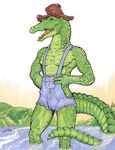  2000 alligator anthro bulge chris_sawyer clothing colored crocodilian hat male overalls reptile scalie solo standing water 