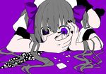  all_fours bangs black_eyes black_nails black_skirt covering_mouth crying crying_with_eyes_open drugs grey_hair hair_between_eyes hair_ribbon hand_on_own_face hata-tan heterochromia himekaidou_hatate long_hair nail_polish pill purple_background purple_eyes purple_ribbon ribbon shiori_(moechin) shirt short_sleeves simple_background skirt solo tears touhou twintails white_shirt 