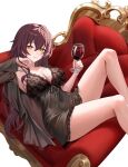  1girl babydoll black_babydoll breasts brown_hair cleavage commentary_request couch covered_navel cup drinking_glass eden_(honkai_impact) gift_art highres holding holding_cup honkai_(series) honkai_impact_3rd korean_commentary large_breasts long_hair looking_at_viewer on_couch simple_background smile solo thighs very_long_hair wakum white_background wine_glass yellow_eyes 