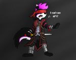  2019 anthro armor black_nose blindfold canine carsten_schmitz clothed clothing coyote dialogue digital_media_(artwork) english_text feline hair holding_object holding_weapon hybrid kenshi kody_kieru lynx male mammal melee_weapon mortal_kombat open_mouth pink_hair simple_background solo sword text video_games weapon 