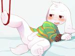  123autumn anus arms_tied asriel_dreemurr balls blush bottomless bound caprine clothed clothing cub erection goat half-closed_eyes looking_away lying male mammal on_back penis raised_leg solo spread_legs spreading sweater undertale video_games young 