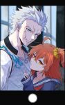  0nodera 1boy 1girl ahoge blue_eyes collarbone commentary_request fate/grand_order fate_(series) forked_eyebrows fujimaru_ritsuka_(female) grey_hair grey_shirt hair_ornament hair_scrunchie long_sleeves looking_at_viewer mouth_hold nagakura_shinpachi_(fate) neckerchief notched_ear one_side_up orange_eyes orange_hair red_neckerchief sailor_collar scar scar_on_face scrunchie shirt short_hair stalk_in_mouth 