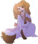 2026 4_fingers after_transformation anthro big_breasts bodily_fluids bow_ribbon breasts brown_body brown_eyes brown_fur brown_hair canid canine canis charlotte_pudding claws clothing domestic_dog eyelashes fangs female fezmangaka finger_claws fingers fluffy fluffy_tail fujoshiineko fur hair hi_res looking_down mammal nightgown one_piece paws pigtails portrait purple_clothing semi-anthro simple_background snout solo sweat sweatdrop tail teeth transformation white_background white_body white_fur