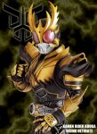  1boy arcle_(kuuga) armor black_armor black_bodysuit black_helmet bodysuit character_name coat_of_arms commentary_request gold_armor gold_horns helmet kamen_rider kamen_rider_dcd kamen_rider_kuuga kamen_rider_kuuga_(rising_ultimate_form) kamen_rider_kuuga_(series) maru_(maru1105) multicolored_armor red_eyes rider_belt solo tokusatsu 