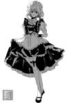  1girl absurdres apron arm_behind_back atelier_tefu clothes_pull commentary_request concealed_weapon dress_pull full_body greyscale hidden_weapon highres izayoi_sakuya kneehighs knife maid maid_apron maid_headdress monochrome pulling_own_clothes socks solo thigh_sheath touhou weapon white_background white_socks 