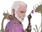  1boy beard black_sclera bug butterfly cane colored_sclera commentary english_commentary eyeball facial_hair fingerless_gloves from_side giant_mushroom gloves gold_embroidery hair_slicked_back highres jacket looking_down mage_staff male_focus mushroom mustache ornate_clothes peony-plum portrait purple_butterfly purple_jacket sheogorath signature slit_pupils solo staff the_elder_scrolls the_elder_scrolls_iv:_oblivion white_background white_hair yellow_eyes 