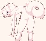  2016 bent_over butt cafeoffender canine cr&egrave;me_(cafeoffender) digital_media_(artwork) dog fur girly hair looking_at_viewer looking_back male mammal nude portrait purple_eyes rear_view simple_background solo standing three-quarter_portrait white_background white_fur white_hair 