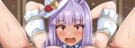  1girl animal_ears arms_behind_head blunt_bangs blush breasts commentary_request flower hat hat_flower horse_ears horse_girl moonlight_lunacy_(umamusume) open_mouth paid_reward_available peanut_(shokan) solo steam thighs umamusume umapyoi_(phrase) white_hat 