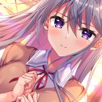  1girl asuka-san_wa_nabikanai blush brown_sweater_vest closed_mouth collared_shirt commentary_request cropped evening grey_hair hair_between_eyes hands_up long_hair looking_at_viewer neck_ribbon official_art purple_eyes red_ribbon ribbon rooftop school_uniform sena_chifuyu shirt shishidou_asuka solo sweater_vest white_shirt wing_collar 