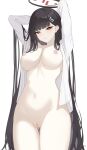  1girl absurdres arms_behind_head blue_archive blush breasts censored commentary coolpai hair_ornament hairclip halo highres long_hair looking_at_viewer naked_shirt navel nipples open_mouth pussy red_eyes ringed_eyes rio_(blue_archive) shirt simple_background solo sweat very_long_hair white_background 