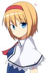  alice_margatroid ascot blonde_hair blue_dress blue_eyes capelet dress enushi_(toho193) eyebrows eyebrows_visible_through_hair hairband looking_at_viewer short_hair simple_background smile solo touhou upper_body white_background white_capelet 