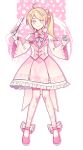 1girl ahoge akamatsu_kaede alternate_costume ankle_bow argyle_clothes argyle_pantyhose badge blonde_hair bow bowtie breast_pocket breasts bright_pupils buttons center_frills closed_mouth coat collared_jacket collared_shirt commentary_request conductor_baton danganronpa_(series) danganronpa_v3:_killing_harmony dot_nose dress_shirt floral_background frilled_skirt frills full_body gloves hair_bow hair_ornament hairclip happy highres holding_baton jacket juliet_sleeves lapels large_breasts light_blush lolita_fashion long_hair long_sleeves looking_at_viewer miniskirt multicolored_jacket musical_note musical_note_hair_ornament musical_note_print musical_staff notched_lapels outline pantyhose pink_background pink_bow pink_bowtie pink_eyes pink_jacket pink_outline pink_pantyhose pink_shoes pink_skirt pink_theme pleated_skirt pocket print_skirt puffy_sleeves shirt shoes side_ponytail skirt smile solo standing sweet_lolita two-tone_background two-tone_jacket two-tone_pantyhose waka_(wk4444) white_background white_gloves white_jacket white_pantyhose white_pupils white_shirt wide_sleeves 