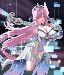  1girl absurdres aemeath_(wuthering_waves) arms_up bad_arm bare_shoulders breasts cleavage commentary_request covered_navel detached_sleeves elbow_gloves ghostrider_(ghost_and_rider) gloves hair_between_eyes hair_ornament highres holding holding_sword holding_weapon large_breasts leotard long_hair looking_at_viewer mole mole_on_shoulder one_eye_closed open_mouth pink_hair ponytail showgirl_skirt skirt smile solo star-shaped_pupils star_(symbol) sword symbol-shaped_pupils tacet_mark_(wuthering_waves) thighs weapon white_gloves white_leotard white_skirt wuthering_waves yellow_eyes 