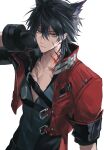  1boy animal_ears arknights arknights:_endfield belt black_belt black_gloves black_hair blood blood_on_neck brown_eyes chest_belt commentary cropped_jacket gloves hair_between_eyes hand_on_own_head highres holding holding_weapon jacket looking_at_viewer male_focus noirdetsuki pectoral_cleavage pectorals red_jacket scar scar_on_cheek scar_on_chest scar_on_face simple_background solo tail upper_body weapon white_background wolf_boy wolf_ears wolf_tail wulfgard_(arknights) 