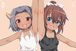  :d armpits arms_up bangs blue_eyes blush bow brown_hair character_name eyebrows_visible_through_hair fang grey_hair hair_between_eyes hair_bow horns kounosu_satori looking_at_viewer multiple_girls open_mouth orange_background ponytail purple_eyes short_hair sidelocks simple_background smile sweat tan tank_top tanline tareme upper_body viprpg white_bow 