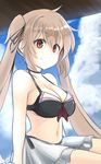  1girl bare_shoulders bikini_skirt bikini_top black_bikini_top black_ribbon blue_sky breasts brown_eyes choker cleavage cloud cloudy_sky commentary_request day hair_ribbon highres kantai_collection large_breasts light_brown_hair long_hair looking_at_viewer murasame_(kantai_collection) navel ribbon skirt sky smile solo twintails white_skirt 