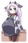  abdomen_swell animal_ears animal_print bell bell_collar big_belly blush chibi collar commentary_request cow_ears cow_girl cow_horns cow_print green_eyes horns jacket kugelschreiber long_hair open_clothes open_jacket original pantyhose pregnant purple_hair sketch solo 