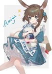  1girl absurdres amiya_(arknights) animal_ears arknights blue_dress blue_eyes blush border brown_hair character_name chinese_commentary commentary dress feet_out_of_frame grey_background highres holding knees_together_feet_apart looking_at_viewer official_alternate_costume outside_border petticoat short_hair_with_long_locks solo sparkle three-quarter_sleeves two_side_up white_border white_rabbit_candy yuk1_(nonon_yukiii) 