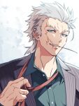  0nodera 1boy blue_eyes blue_shirt buttons collared_shirt commentary_request fate/grand_order fate_(series) forked_eyebrows jacket looking_at_viewer male_focus mouth_hold nagakura_shinpachi_(fate) necktie notched_ear red_necktie scar scar_on_face shirt short_hair solo stalk_in_mouth striped_clothes striped_jacket upper_body 