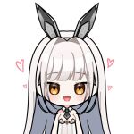  1girl animal_ears arms_at_sides ascot black_ascot blanc_(nikke) blunt_bangs blush breasts chibi cleavage commentary deformed detached_collar fang goddess_of_victory:_nikke hair_intakes heart leotard long_hair looking_at_viewer momori_sensei open_mouth playboy_bunny rabbit_ears simple_background skin_fang smile solo symbol-only_commentary upper_body very_long_hair white_background white_hair white_leotard yellow_eyes 