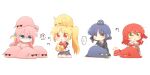  !? >_< ... 4girls ? animal_on_head black_jacket blonde_hair blue_eyes blue_hair blush bocchi_the_rock! bow bowtie brown_shirt chibi chibi_only clone commentary_request creature_on_head cube_hair_ornament gotoh_hitori gotoh_hitori_(octopus) gotoh_hitori_(tsuchinoko) grey_skirt grey_vest hair_ornament highres holding ijichi_nijika jacket kita_ikuyo long_hair long_sleeves medium_hair multiple_girls neck_ribbon octopus on_head one_side_up open_clothes open_jacket orange_eyes parted_lips pink_hair pink_jacket pleated_skirt rebecca_(keinelove) red_bow red_bowtie red_hair ribbon sailor_collar school_uniform seiza serafuku shirt side_ponytail simple_background sitting skirt socks spoken_ellipsis sweat tsuchinoko vest white_background white_sailor_collar white_socks yamada_ryo yellow_eyes 