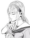  1girl adjusting_clothes closed_eyes commentary_request greyscale hair_behind_ear hand_wraps highres lee_(dragon_garou) light_blush lips monochrome neckerchief original portrait profile sailor_collar school_uniform serafuku sideburns solo 