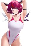  1girl absurdres arms_behind_head asymmetrical_wings black_wings blue_eyes blush breasts cleavage cowboy_shot detached_wings heterochromia highres hololive hololive_english irys_(hololive) large_breasts multicolored_hair one-piece_swimsuit parted_lips pointy_ears purple_eyes purple_hair red_hair short_hair si_farid simple_background smile solo streaked_hair swimsuit two-tone_hair virtual_youtuber white_background white_one-piece_swimsuit white_wings wings 