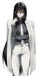  1girl black_choker black_hair black_shirt choker collared_shirt copyright_request hambugyyy highres jacket long_hair multiple_scars necktie pants red_eyes scar shirt simple_background solo white_background white_jacket white_necktie white_pants 