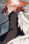  1boy androgynous angel angel_devil_(chainsaw_man) angel_wings black_jacket black_necktie blurry blurry_foreground chainsaw_man cloud cloudy_sky commentary feathered_wings floating_clothes floating_hair floating_neckwear from_below goan_pizya hair_between_eyes halo hand_on_own_face highres jacket long_hair_between_eyes looking_at_viewer looking_down male_focus necktie red_eyes red_hair signature sky solo suit_jacket traditional_halo white_wings wind wings 