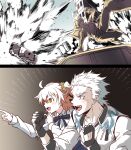  0nodera 1boy 1girl ahoge blue_ribbon clenched_hands commentary_request explosion fate/grand_order fate_(series) fujimaru_ritsuka_(female) fujimaru_ritsuka_(female)_(anniversary_blonde) gaijin_4koma_(meme) hair_ornament hair_scrunchie jacket meme nagakura_shinpachi_(fate) open_mouth orange_eyes pointing pointing_forward ribbon scrunchie shirt short_hair watching_movie white_shirt 