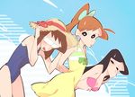  annoyed aqua_ribbon beach bikini black_eyes black_hair brown_hair cloud cloudy_sky crayon_shin-chan dress embarrassed glasses green_ribbon hat matsuzaka_ume namauni orange_hair pink_bikini polka_dot ribbon sky striped sun_hat sweatdrop swimsuit yellow_dress yoshinaga_midori 