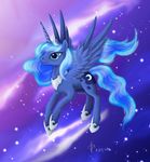  2012 blue_eyes blue_feathers blue_fur blue_hair cutie_mark dalagar equine feathered_wings feathers female feral flying friendship_is_magic fur hair horn mammal my_little_pony nude princess_luna_(mlp) ridged_horn smile solo winged_unicorn wings 