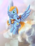  blue_feathers cutie_mark dalagar equine fan_character feathers green_eyes hair hooves male mammal musical_instrument my_little_pony nude orange_hair pegasus smile solo wings 