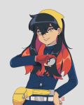  1girl black_hair blue_jacket carmine_(pokemon) commentary crossed_bangs english_commentary faux_retro_artstyle gloves grey_background hair_between_eyes hairband highres holding holding_poke_ball jacket kaguras-art long_hair long_sleeves looking_at_viewer mole mole_under_eye multicolored_hair poke_ball poke_ball_(basic) pokemon pokemon_sv red_gloves red_hair signature single_glove solo upper_body yellow_bag yellow_eyes 