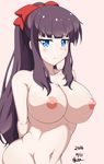  black_hair blue_eyes blush breasts dated large_breasts long_hair mole mole_on_breast new_game! nipples nishiumi_yuuta nude out-of-frame_censoring simple_background solo takimoto_hifumi 