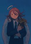  1boy angel_devil_(chainsaw_man) angel_wings black_jacket black_necktie black_pants blue_background blush chainsaw_man closed_mouth collared_shirt corrupted_twitter_file floating_hair flower halo hashtag-only_commentary highres holding holding_flower jacket long_hair looking_to_the_side male_focus necktie pants ppaipopi shirt shirt_tucked_in simple_background solo suit suit_jacket traditional_halo white_shirt white_wings wilted_flower wings 