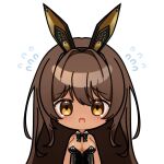  1girl animal_ears arms_at_sides black_leotard blush bow bowtie breasts brown_eyes brown_hair chibi cleavage commentary deformed detached_collar flying_sweatdrops goddess_of_victory:_nikke hair_intakes large_breasts leotard long_hair looking_at_viewer momori_sensei noir_(nikke) open_mouth playboy_bunny rabbit_ears simple_background solo surprised symbol-only_commentary upper_body very_long_hair white_background 