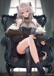  1girl ahoge animal_ear_piercing animal_ears armchair assault_rifle asymmetrical_legwear bare_shoulders black_boots black_nails black_pantyhose black_skirt boots breasts chair clothes_down commentary_request company_name copyright_notice crossed_legs feet_out_of_frame fingernails fur-trimmed_jacket fur_trim gold_necklace grey_eyes grey_hair gun hair_between_eyes halter_shirt halterneck holding holding_gun holding_weapon hololive jacket jacket_partially_removed jewelry large_breasts lion_ears lion_girl lion_tail long_hair long_sleeves looking_at_viewer marumoru messy_hair mismatched_legwear necklace official_art on_chair open_clothes open_jacket pantyhose rifle see-through_cleavage see-through_clothes shirt shishiro_botan shishiro_botan_(1st_costume) simple_background single_leg_pantyhose sitting skirt sleeveless sleeveless_shirt smile solo strapless striped_clothes striped_shirt tail torn_clothes torn_pantyhose tube_top vertical-striped_clothes vertical-striped_shirt virtual_youtuber weapon 