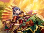  1girl armor banner blue_hair blush brown_gloves closed_mouth cosplay dutch_angle earrings evening fur_trim game_cg gloves hanayagi_kaoruko hand_on_own_hip japanese_armor japanese_clothes jewelry kimono medium_hair official_art purple_kimono shoujo_kageki_revue_starlight shoujo_kageki_revue_starlight_-re_live- shoulder_armor sitting solo tokugawa_ieyasu_(real_life) tokugawa_ieyasu_(real_life)_(cosplay) v-shaped_eyebrows wide_sleeves 
