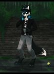  2016 anthro black_fur black_hair blue_eyes canine clothed clothing fur hair male mammal purrchinyan smile standing white_fur wolf 