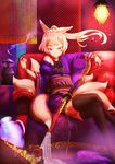  absurdres animal_ears blonde_hair fox_ears fox_tail heterochromia highres japanese_clothes kimono long_hair namako_(namacotan) original ponytail solo sword tail thigh_strap thighhighs weapon 