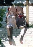  2girls absurdres ahoge aqua_bow aqua_bowtie arm_support asymmetrical_legwear black_sailor_collar black_shirt black_skirt black_socks black_thighhighs blue_sailor_collar blue_skirt bow bowtie brown_hair brown_shoes cardigan closed_eyes closed_mouth commentary dappled_sunlight day dress_shirt evil_neuro-sama full_body hair_between_eyes hair_ornament hair_ribbon haruteru heart heart_hair_ornament highres leaf long_hair long_sleeves miniskirt multiple_girls neuro-sama outdoors pleated_skirt red_bow red_bowtie red_ribbon ribbon sailor_collar shirt shoes siblings single_sock single_thighhigh sisters sitting skirt socks sunlight symbol-only_commentary thighhighs twins two_side_up uneven_legwear vedal_ai virtual_youtuber white_shirt yellow_cardigan 