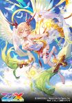 1girl bird blonde_hair blue_sky breasts cleavage cloud cloudy_sky copyright_logo copyright_name copyright_notice dress electricity energy_ball feathered_wings frilled_thigh_strap gloves hair_between_eyes horns ibara_riato large_breasts logo nino_(z/x) official_art rainbow red_horns short_hair sky sleeveless sleeveless_dress solo sparkle thigh_strap white_bird white_dress white_gloves wings yellow_eyes yellow_wings z/x 