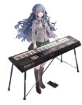  1girl absurdres bang_dream! bang_dream!_it's_mygo!!!!! black_ribbon black_socks blue_hair brown_shoes closed_mouth commentary_request diagonal-striped_clothes diagonal-striped_necktie full_body green_necktie green_skirt grey_jacket hair_ribbon haneoka_school_uniform highres instrument jacket keyboard_(instrument) kneehighs lapels loafers long_hair looking_at_viewer music necktie notched_lapels playing_instrument ribbon school_uniform shaokao_lajitong shoes simple_background skirt socks solo standing striped_clothes togawa_sakiko transparent_background very_long_hair yellow_eyes 