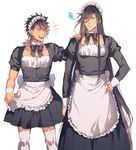  alternate_costume apron bow brown_hair closed_eyes crossdressing enmaided hand_on_hip izumi-no-kami_kanesada long_hair maid maid_apron maid_headdress multiple_boys mutsu-no-kami_yoshiyuki okki2012 open_mouth simple_background skirt smile squiggle thighhighs touken_ranbu very_long_hair white_background white_legwear 