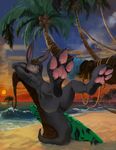  beach black_fur blush butt fletcheroo foot_focus fur hands_behind_head hindpaw kangaroo looking_at_viewer lying male mammal marsupial nature nude on_back oselotti paws pinup pose relaxing seaside solo sunset surfboard toes water wave 