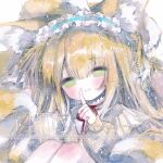  1girl absurdres animal_ears arknights blonde_hair chuanhe_xiao_niao commentary_request fox_ears fox_girl fox_tail green_eyes hairband highres kitsune kyuubi multiple_tails official_alternate_costume partial_commentary solo suzuran_(arknights) suzuran_(spring_praise)_(arknights) tail 