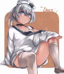  1girl asymmetrical_legwear black_one-piece_swimsuit character_name commentary_request dace_(kancolle) dark-skinned_female dark_skin dixie_cup_hat grey_eyes grey_hair hat highres kantai_collection military_hat oeoeuhoho one-piece_swimsuit shirt side_ponytail single_thighhigh sleeves_past_wrists socks solo swimsuit swimsuit_under_clothes thighhighs two-tone_one-piece_swimsuit uneven_legwear white_shirt white_socks white_thighhighs 